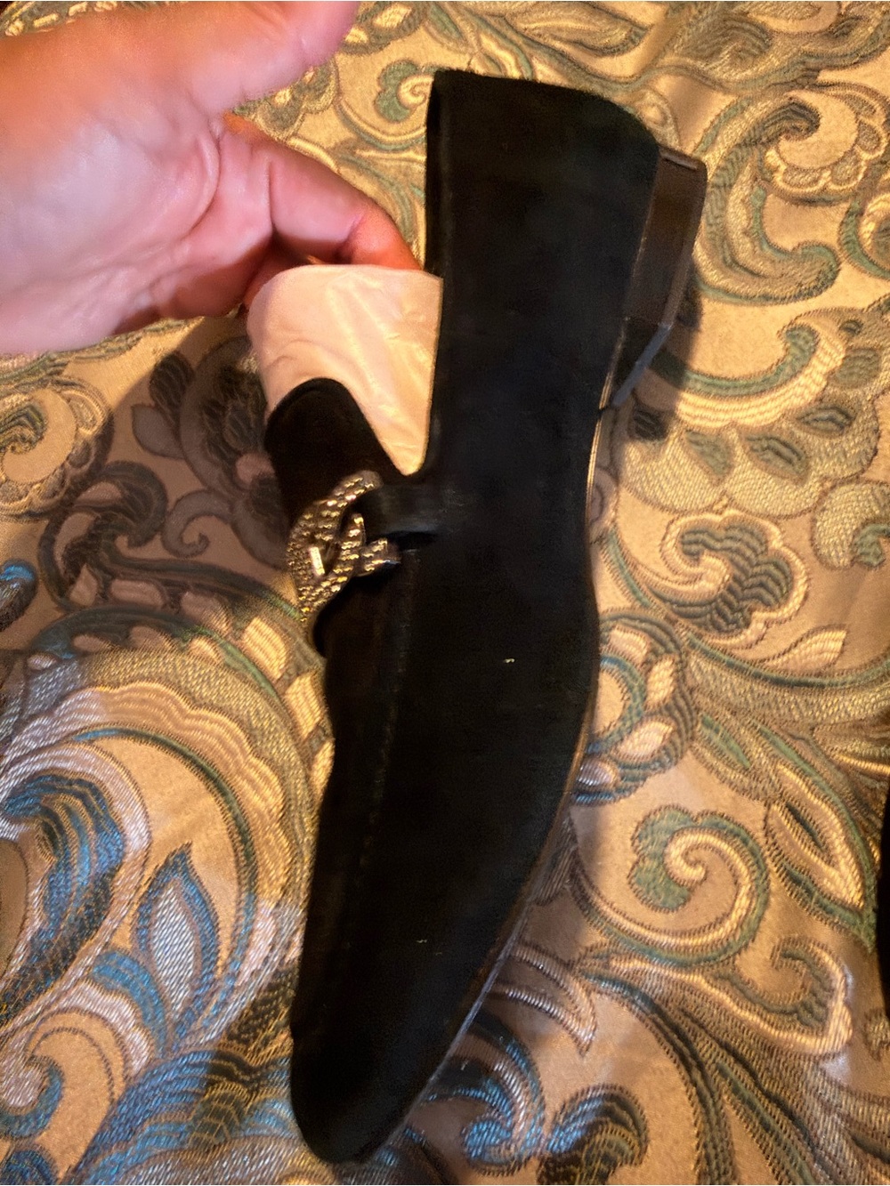 Donald J. Pliner Black Suede Loafers with Crystal Chain Accent - Picture 2 of 7